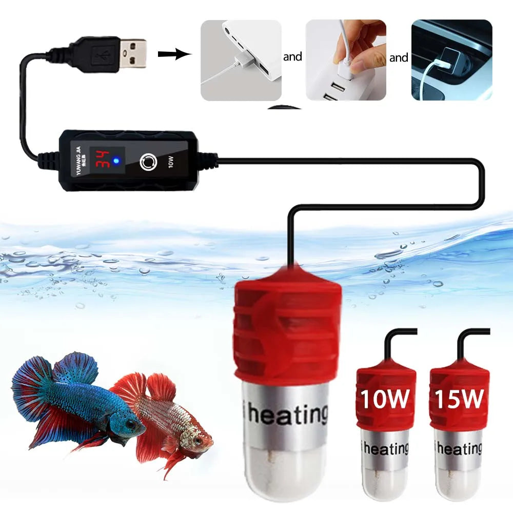 USB Mini Aquarium Heating Rod Fish Tank 10W 15W Submersible Thermostat Heater 18-34°C Adjustable Temperature Charging Tortoise