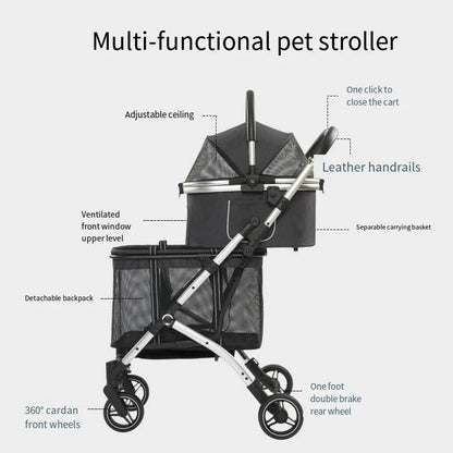 2025 New Dog Stroller with Double Layered Upper and Lower Compartments, Large Space for Pets, Multiple Cats, Dogs, and Dogs Cart