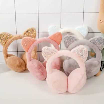 New Lovely Winter Warm Cat Ear Warmers Glitter Ears Plush Earmuffs for Women Playful Girls Ear Muffs Cold Protection Warm Hot