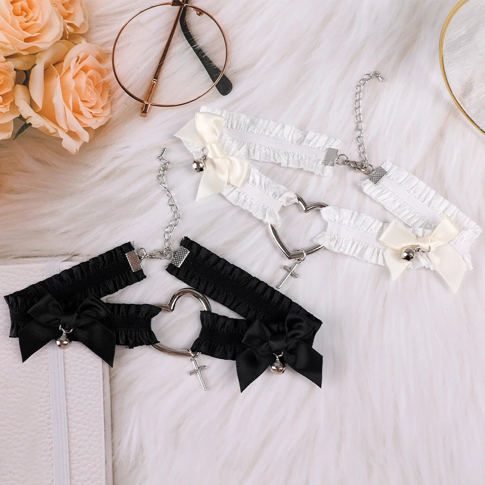 Gothic Lace Garter Belt Heart Bowknot Black White Elastic Choker Strap Cosplay Bondage Lingerie Harness Cross Lolita Leg Garters