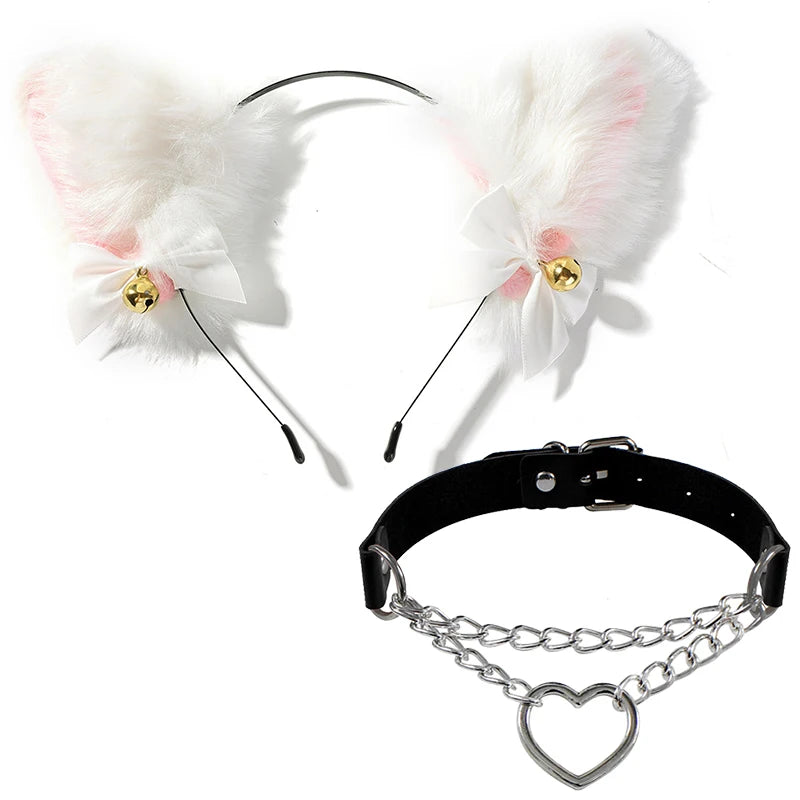 Cat Ear Bow Headband Necklace Cat Claw Gloves Cosplay Plush Bell Hairband Women Girl Masquerade Party Headwear Hair Accessories