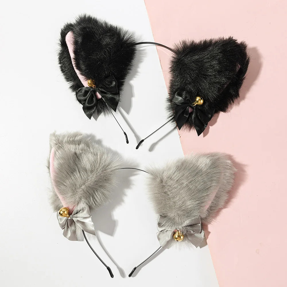 Cat Ear Bow Headband Necklace Cat Claw Gloves Cosplay Plush Bell Hairband Women Girl Masquerade Party Headwear Hair Accessories