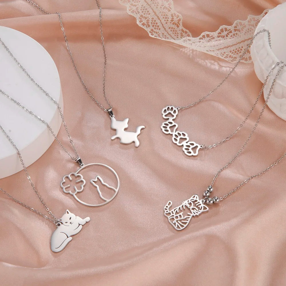 Unift Lovely Cat Pendant Necklace for Women Girl Stainless Steel Neck Chain Choker Pet Kitten Animal Kid Daughter Jewelry Gift