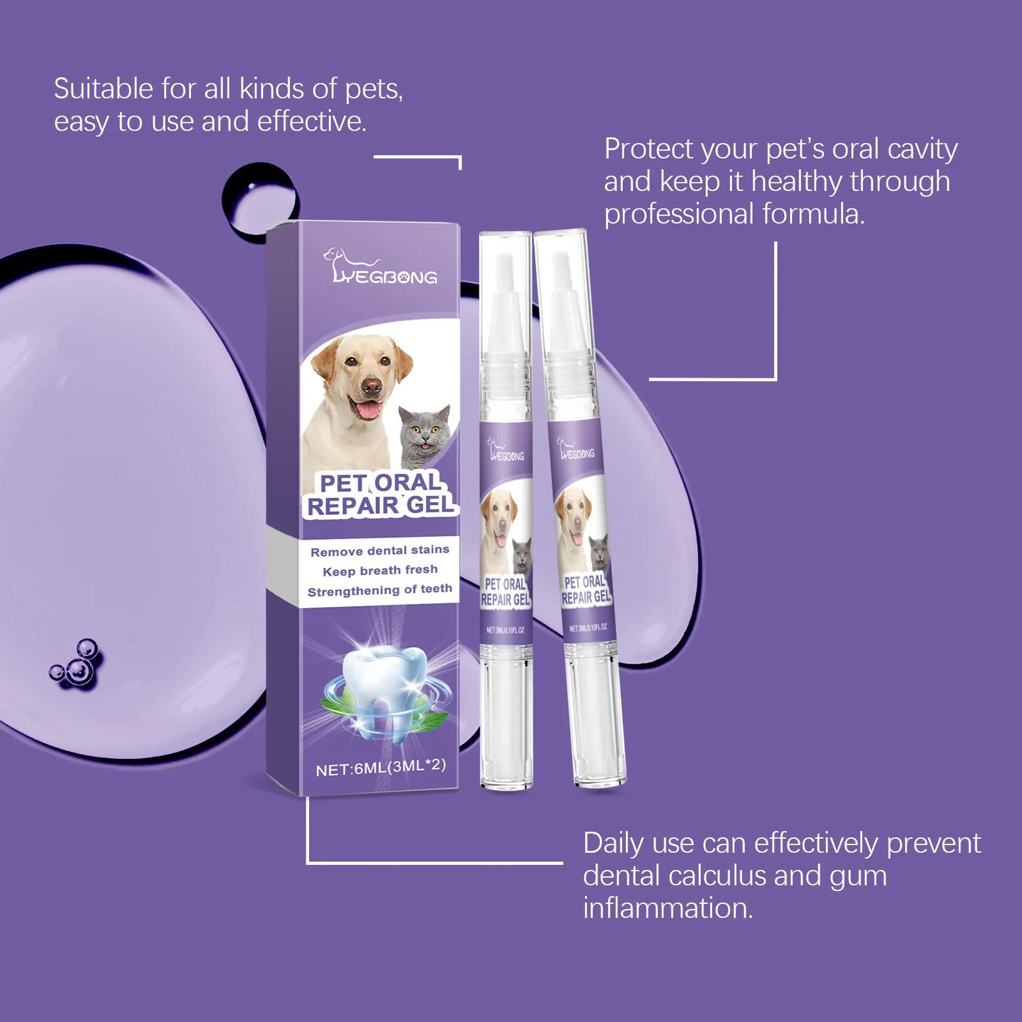 2pcs 3ml Pet Teeth Cleaning Gel Fresh Breath Tooth Whitening Toothbrush Tartar Removal Oral Care Teeth Repairing Dog Dental Pen