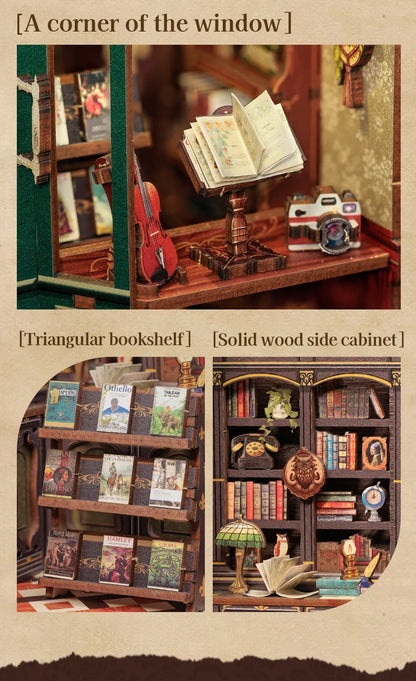 CUTEBEE DIY 書角套件微型玩具屋搭配淺色木質書架外掛復古書角裝飾可作為禮物書店系列
