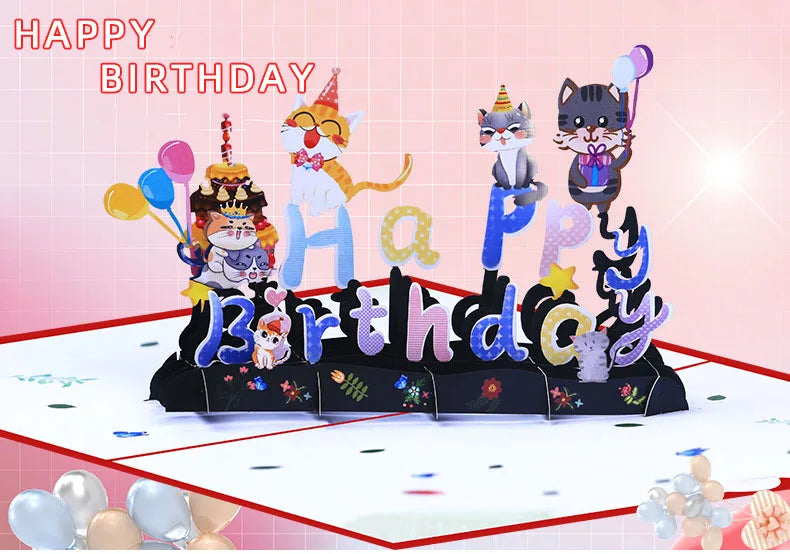 Pop-up birthday card 3D birthday cat creative cards handmade hollow paper carving cute cartoon blessing gift  thank you card