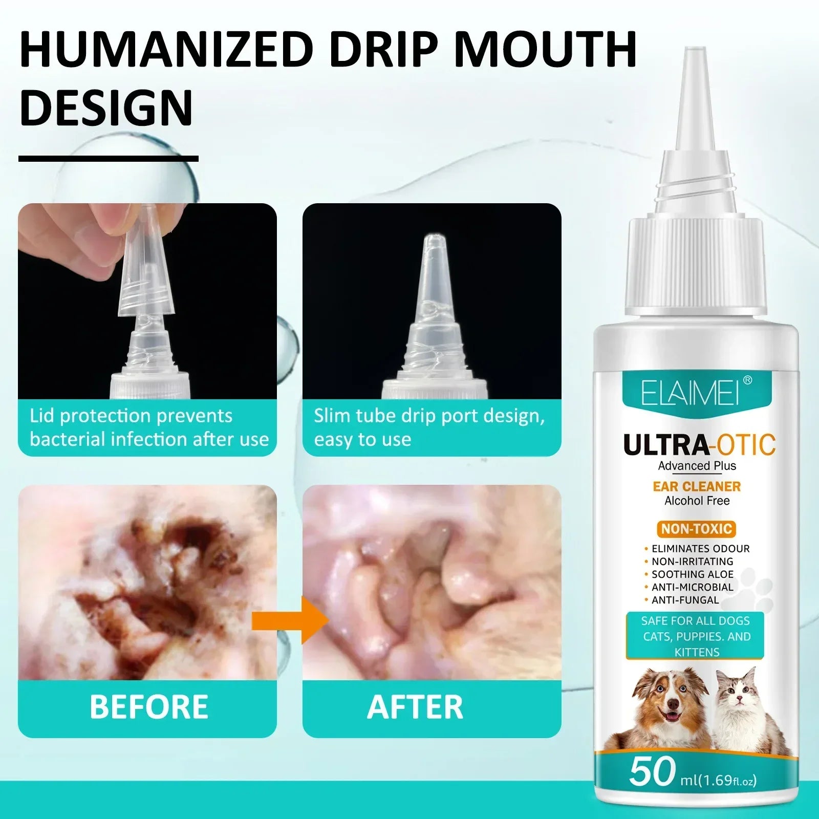 50ml Cat Dog Ear Cleaner Ear Wax Remover Pet Ear Cleaner Non-irritating Ear Cleansing Solution Ear Wash Pet Supplies For ELAIMEI