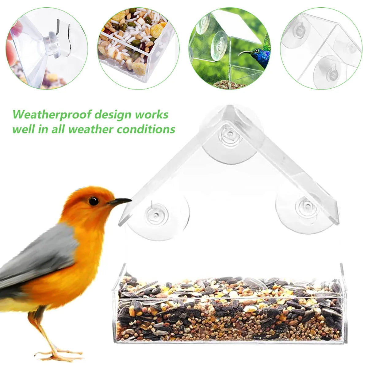 Window Bird Feeder Transparent Removable Outdoor Suction Cups Sliding Feed Tray House Shape Waterproof Squirrel Food Container