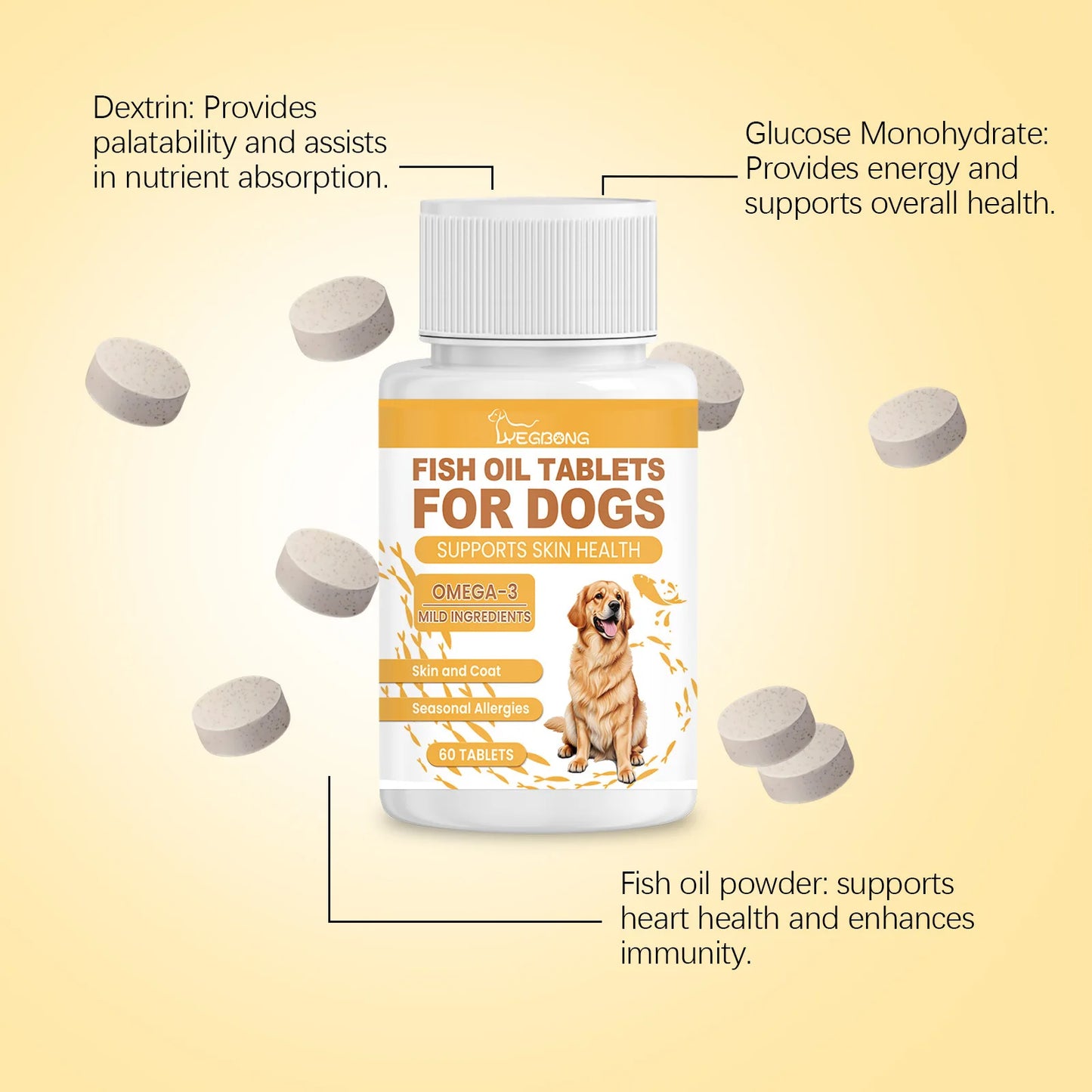Canine Multivitamin Fish Oil Tablets for Dogs Coat Care Formula with Omega-3, Reduce Shedding & Nourish Skin Health Supplement