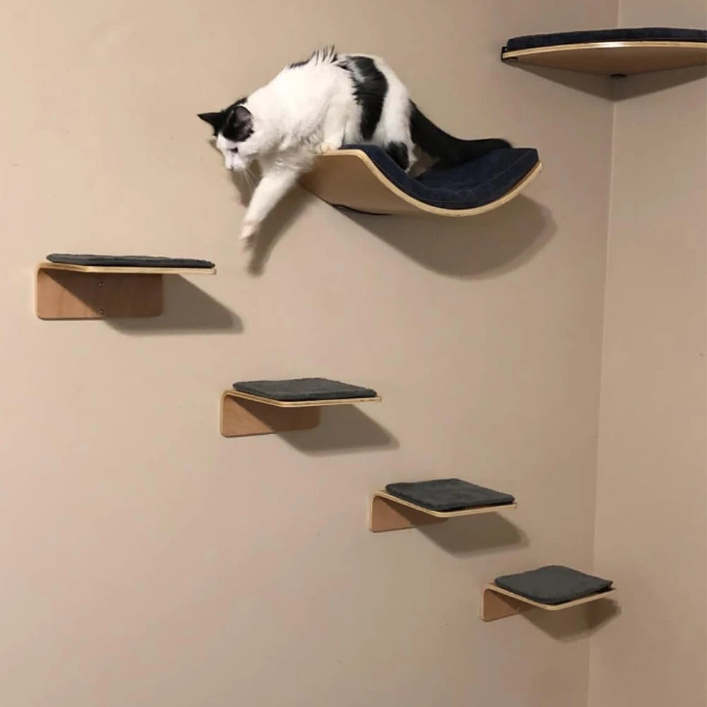 1 Piece Cat Wall Mounted Shelf Furniture Wooden Cat Bed and Scratcher Post with Climbing Ladder Steps for Kitten Play and Rest