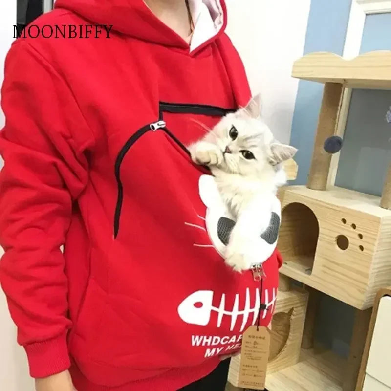 Winter Hoodies Sweatshirt Man Women Animal Pouch Hood Pullover Blouse Tops Lady Carry Dog Cat Breathable Sweatshirts 3XL