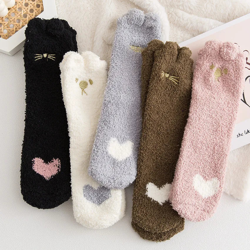 5 Pairs Warm & Fuzzy Cartoon Animal Socks, Crew Length Warm Coral Fleece Socks For Winter, Women's Stocking & Hosiery