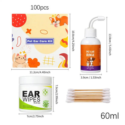 Pet Ear Cleaner 100X Puppy Ear Drops Cleaning Wipes Set Descaling Liquid 60ml For Home Travel Pet Care Supplies For Itch Relief
