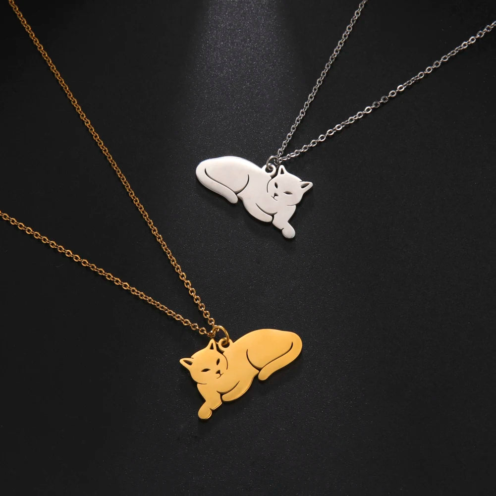 Unift Lovely Cat Pendant Necklace for Women Girl Stainless Steel Neck Chain Choker Pet Kitten Animal Kid Daughter Jewelry Gift