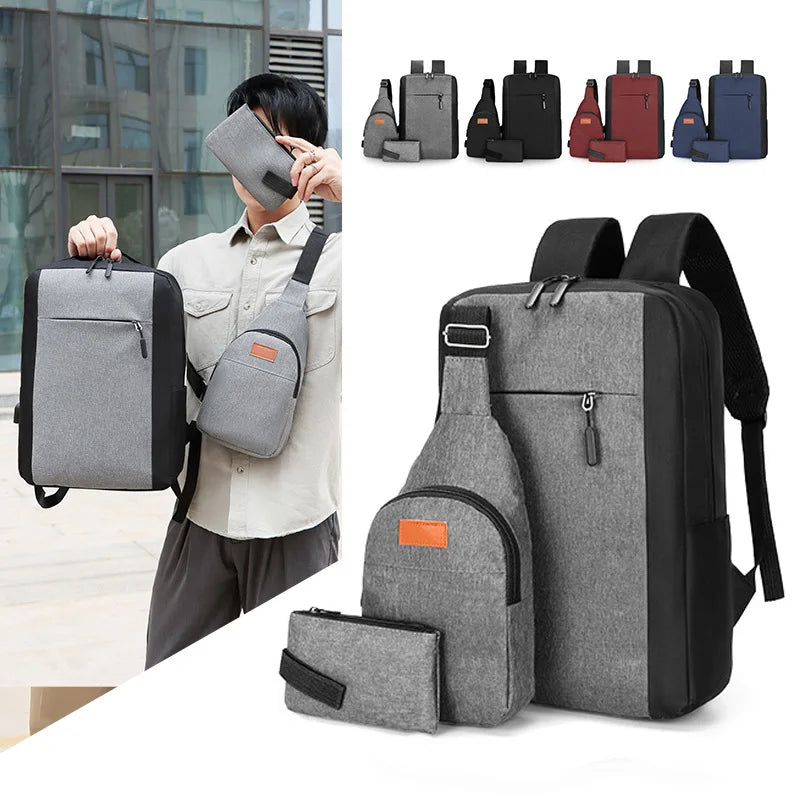 New Men's Backpack Business Computer Bag Waterproof Oxford College Student Backpack Usb Charging Men Travelling Bag Three Pieces