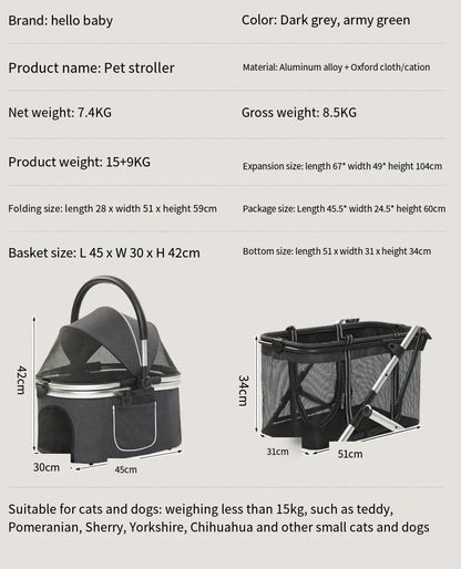 2025 New Dog Stroller with Double Layered Upper and Lower Compartments, Large Space for Pets, Multiple Cats, Dogs, and Dogs Cart