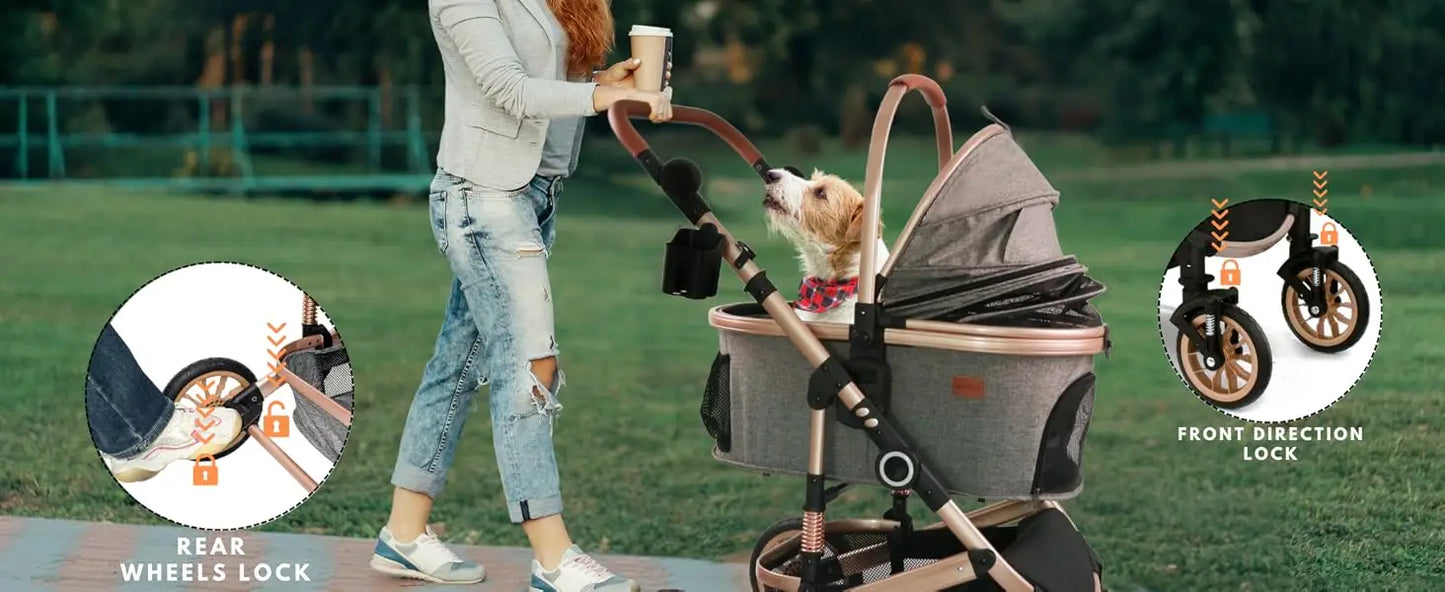 Folding 4 Wheels Dog Trolley Pet Jogger for Small Medium Dogs Travel