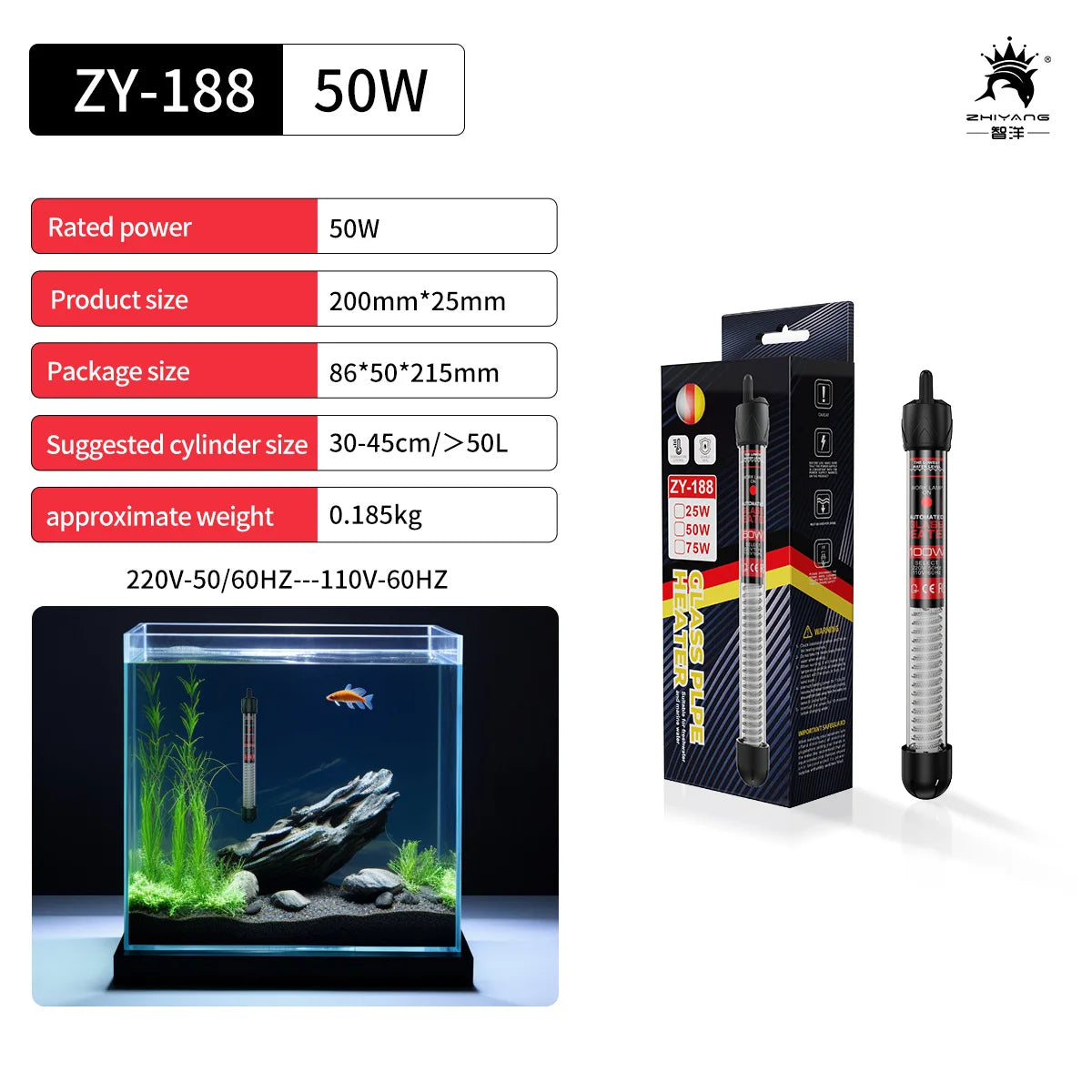 220v Adjustable Temperature Thermostat Heater Rod 25W/ 50W/ 100W/ 200W/ 300W Submersible Aquarium Fish Tank Water Heat