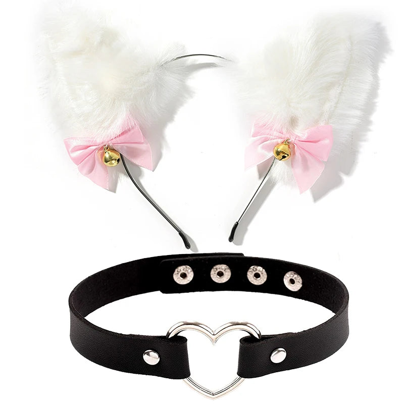 Cat Ear Bow Headband Necklace Cat Claw Gloves Cosplay Plush Bell Hairband Women Girl Masquerade Party Headwear Hair Accessories