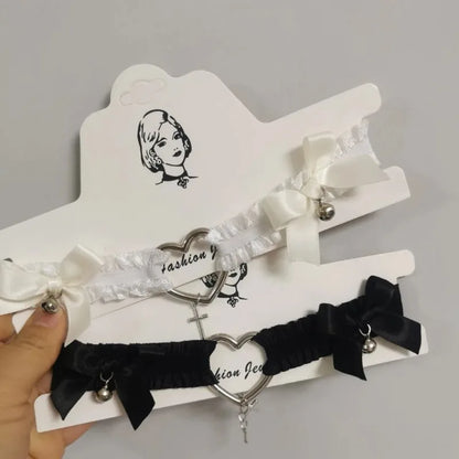 Gothic Lace Garter Belt Heart Bowknot Black White Elastic Choker Strap Cosplay Bondage Lingerie Harness Cross Lolita Leg Garters