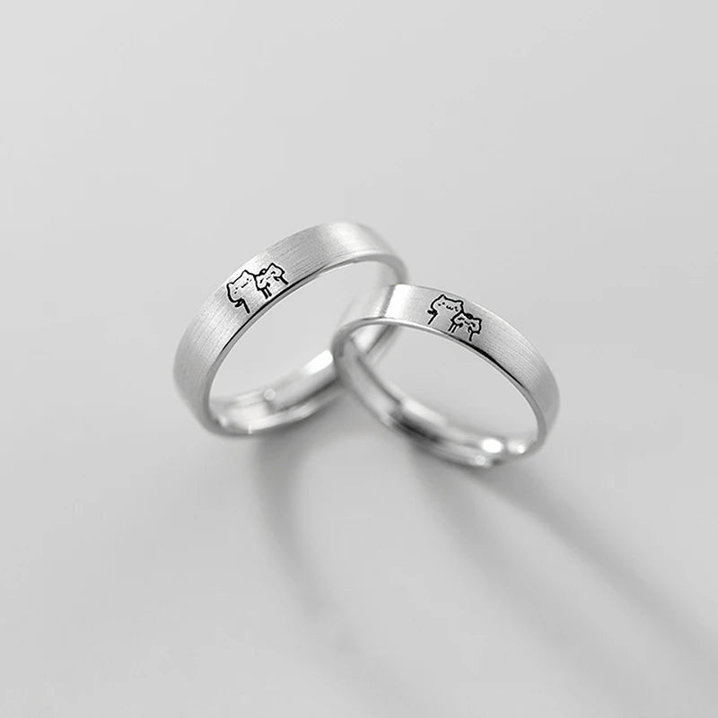 1Pair Couple Rings Cute Kitten Sliver Open Ring For Women Men Adjustable Finger Rings Romantic Lovers Anniversary Jewelry Gift