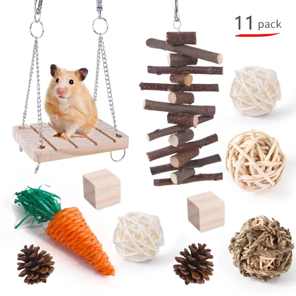 Combination Hamsters Rabbit Rat Toys Hamster Toys Set Pet Rabbit Guinea Pig Parrot Play Molar Wooden Supplies