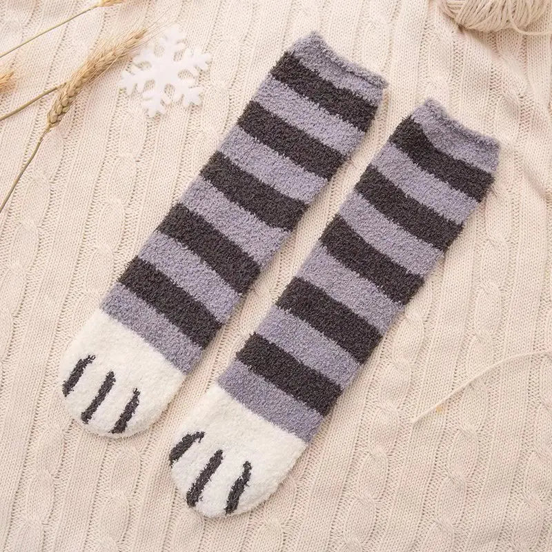 Women Winter Warm Fluffy Socks Cute Animal Claw Cat Paw Footprint Fuzzy Socks Female Thick Coral Fleece Home Floor Sleep Socks