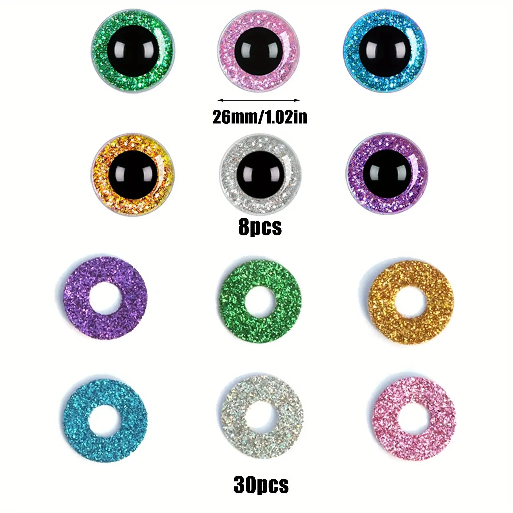 Sparkling Safety Eyes, 14-30mm Plastic Eyes for Stuffed Animal Toy Puppets, Woven Eyes for DIY Crafts