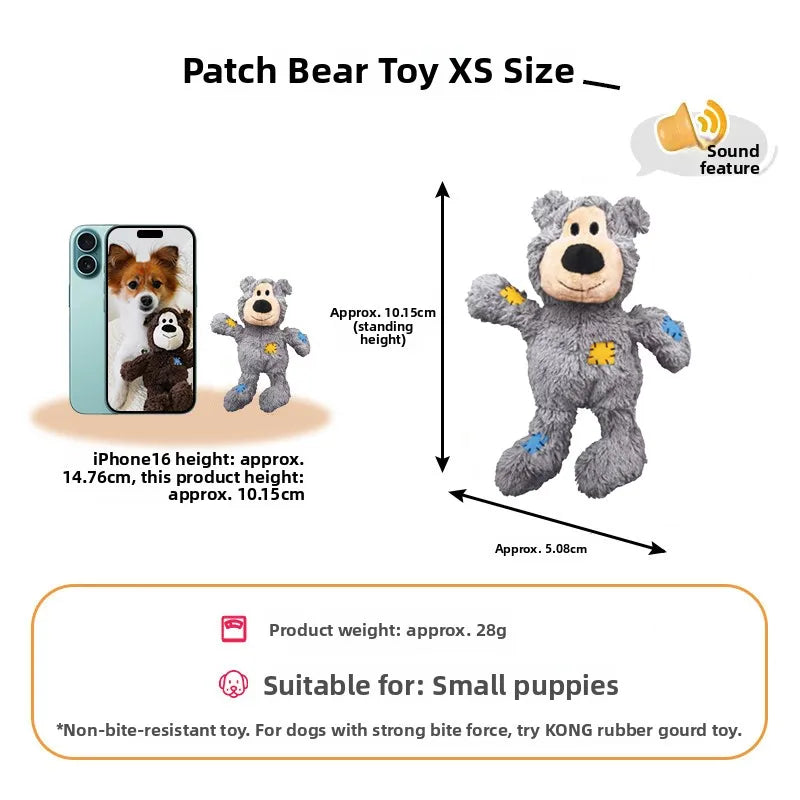Kong Patch Bear Chew Resistant Plush Toy Sound Making Stress Relief Tug of War for Puppies And Adult Dogs Pet Toys Short Plush
