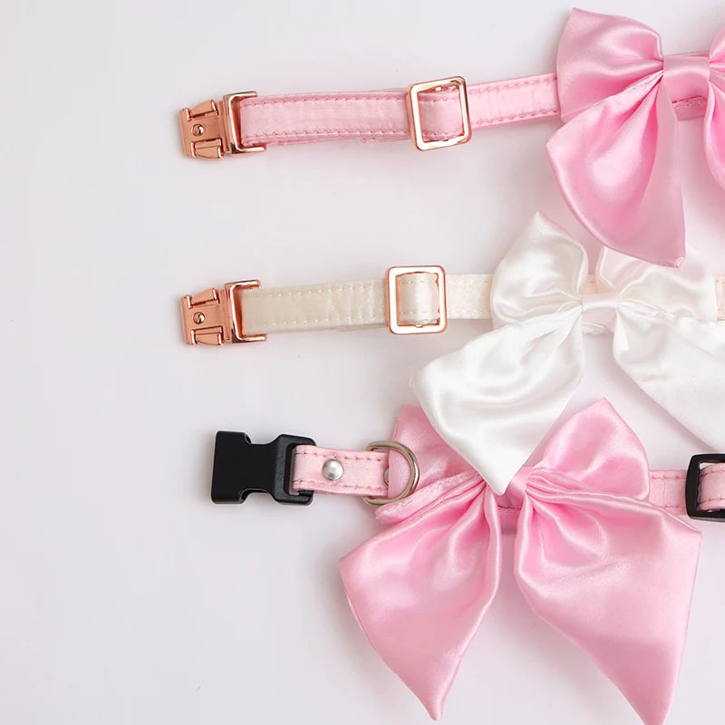 Silk Pink Dog Collar Adjustable Collar for Girl  Puppy Kitten Cats Big Bow White Pet Collar with Metal Buckle Pet Accessories