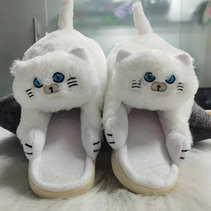 Cuddly Hug Cat Slippers Women Men Winter Home Slides Kawaii Floor Shoes Furry Slippers Girl White Mules Funny Cute Gift Slippers
