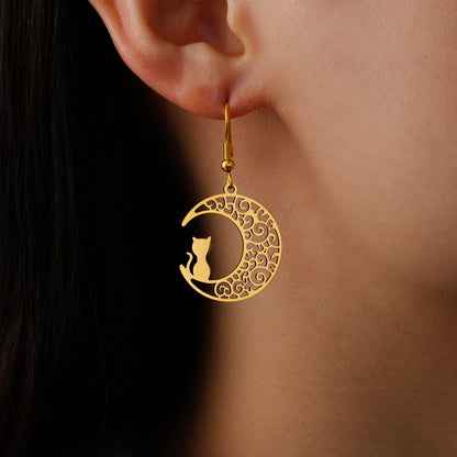 Cazador Cute Cat Kitten Crescent Moon Earrings for Women 2024 Stainless Steel Filigree Drop Earrings Jewelry Birthday Gift 2024