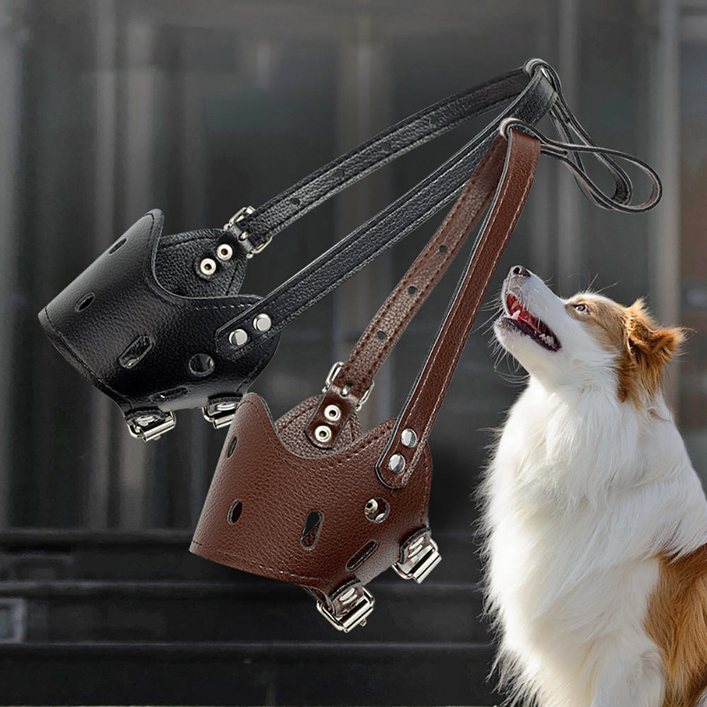 犬用口輪 レザー製 快適で安全な吠え防止口輪 小型・中型・大型犬用 通気性・調節可能 飲水・呼吸可能 首輪付き