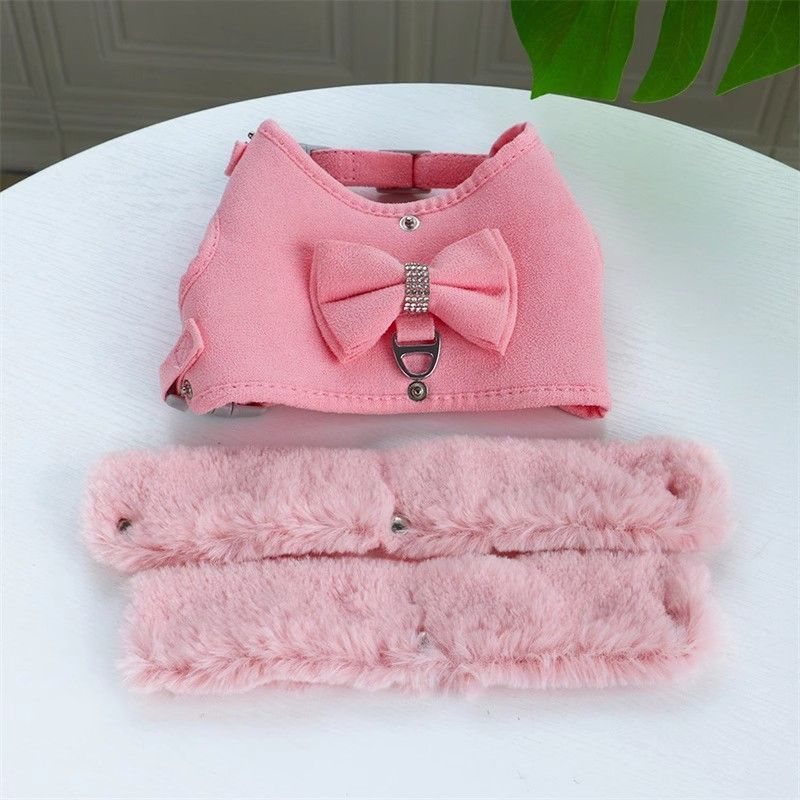 Cute Warm Small Dog Harness And Leash Set With Bow Tie, Soft Padded Puppy Harness With Removable Fur Collar, Adjustable Girl Dog Harness With Quick Release Buckles