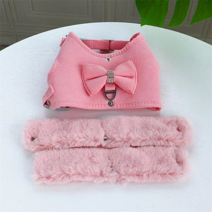Cute Warm Small Dog Harness And Leash Set With Bow Tie, Soft Padded Puppy Harness With Removable Fur Collar, Adjustable Girl Dog Harness With Quick Release Buckles