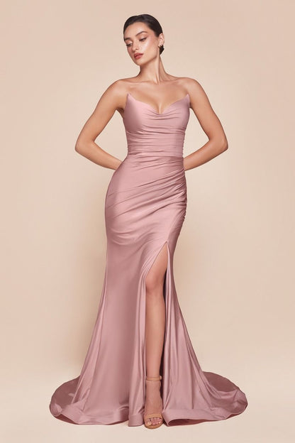 STRAPLESS STRETCH SATIN FITTED GOWN CDCD791