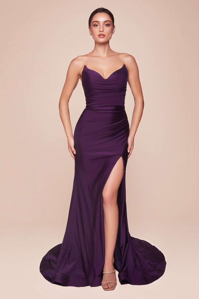 STRAPLESS STRETCH SATIN FITTED GOWN CDCD791