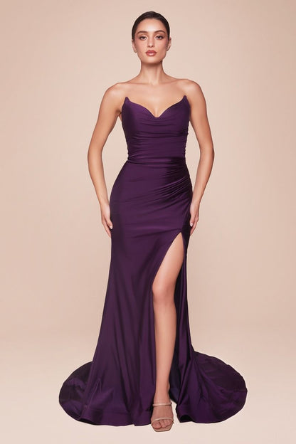 STRAPLESS STRETCH SATIN FITTED GOWN CDCD791
