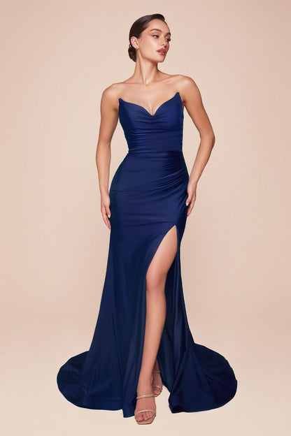 STRAPLESS STRETCH SATIN FITTED GOWN CDCD791