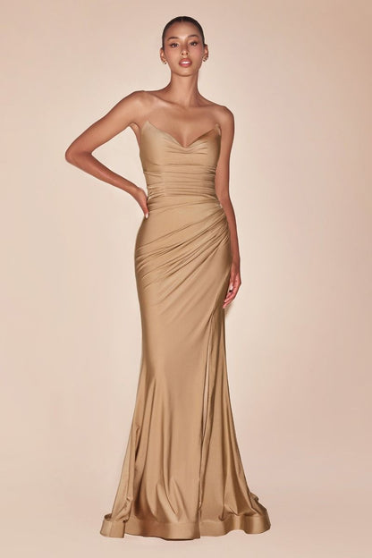 STRAPLESS STRETCH SATIN FITTED GOWN CDCD791