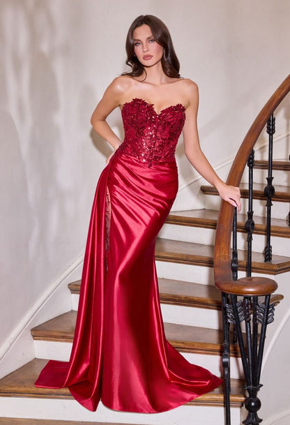 Sequins Embellished Long Graduation Gown w/ Corset Bodice & Side Drape CDCDS565