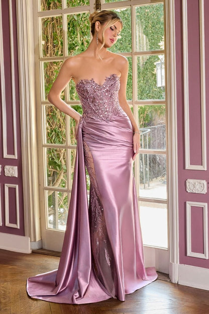 Sequins Embellished Long Graduation Gown w/ Corset Bodice & Side Drape CDCDS565