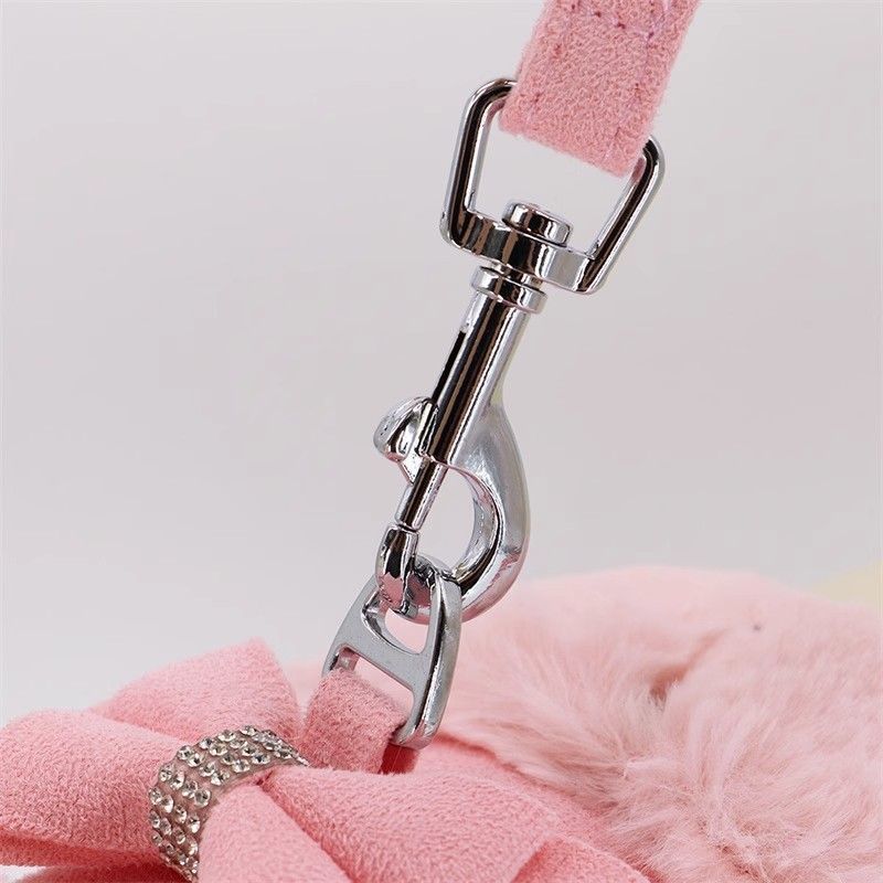 Cute Warm Small Dog Harness And Leash Set With Bow Tie, Soft Padded Puppy Harness With Removable Fur Collar, Adjustable Girl Dog Harness With Quick Release Buckles
