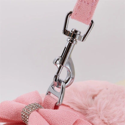 Cute Warm Small Dog Harness And Leash Set With Bow Tie, Soft Padded Puppy Harness With Removable Fur Collar, Adjustable Girl Dog Harness With Quick Release Buckles