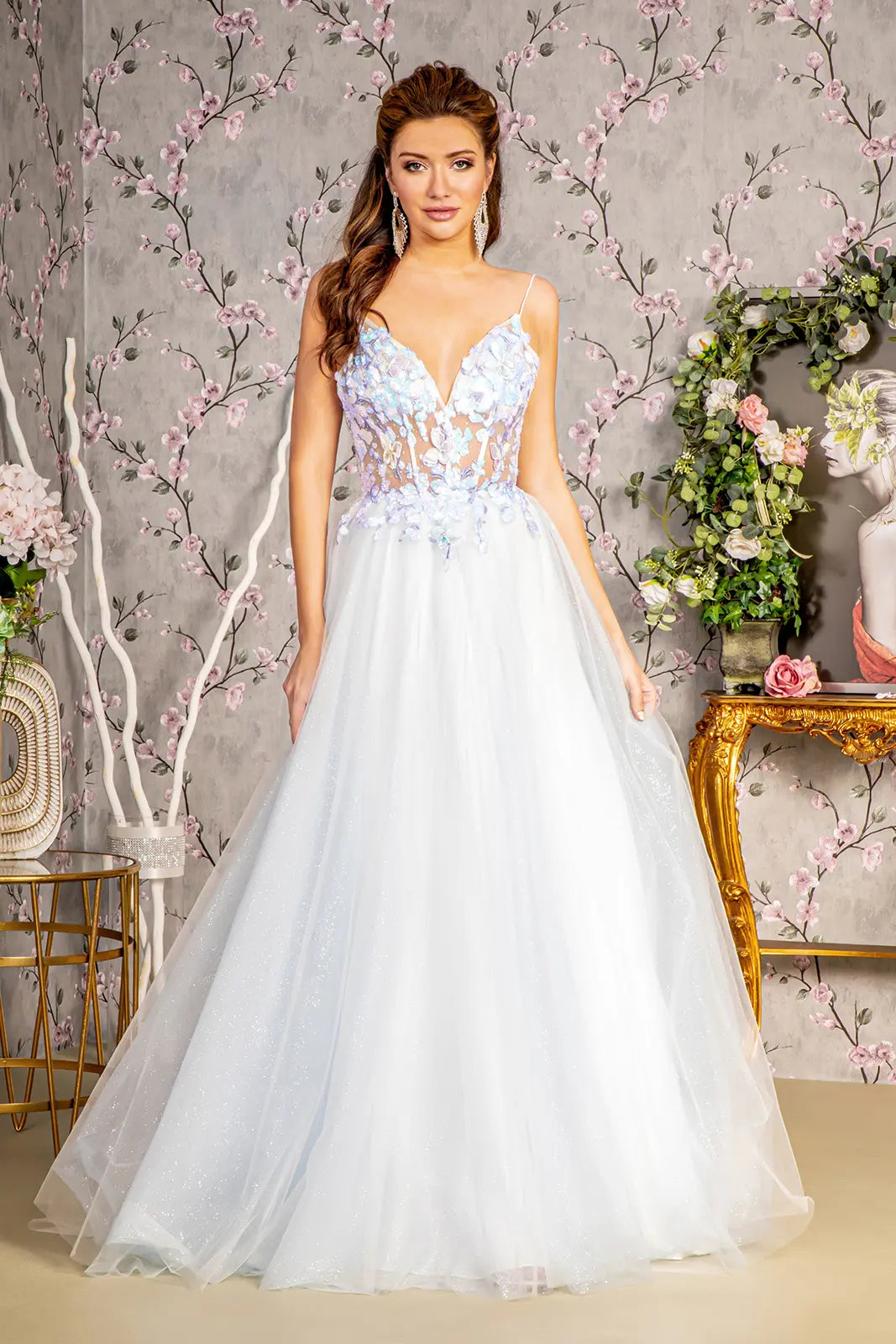 3 d butterfly sheer corset bodice a line mesh long dress GLGL3265