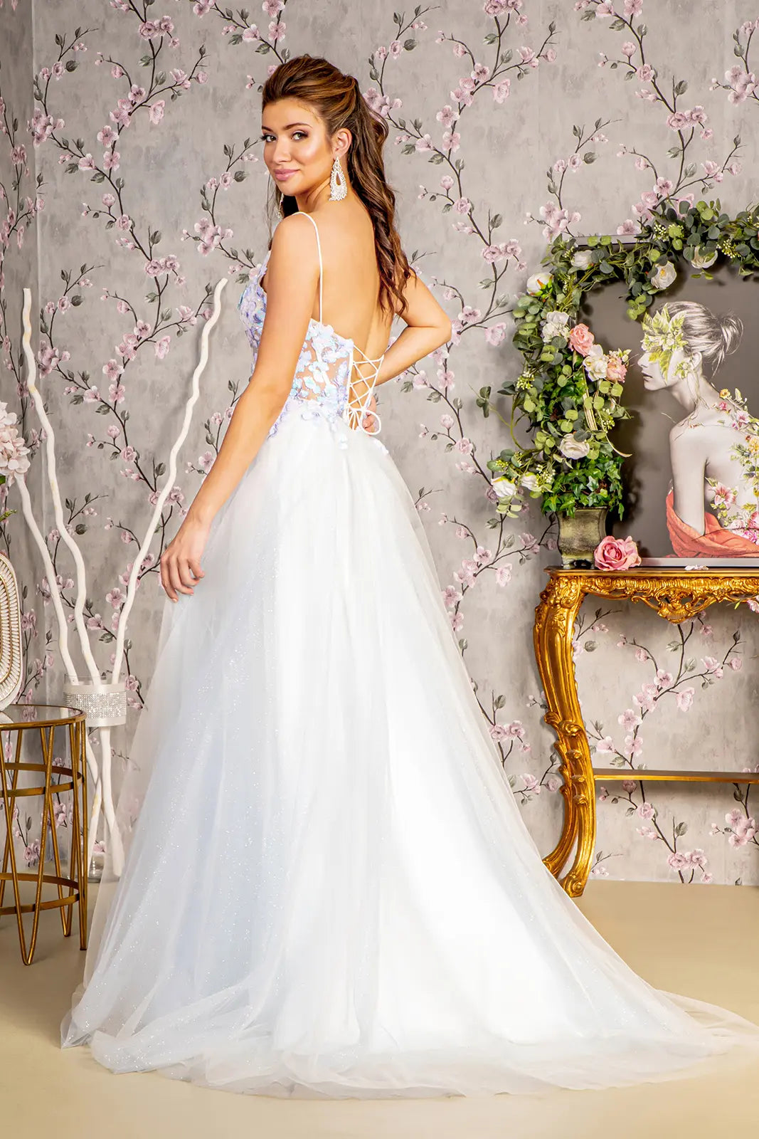3 d butterfly sheer corset bodice a line mesh long dress GLGL3265