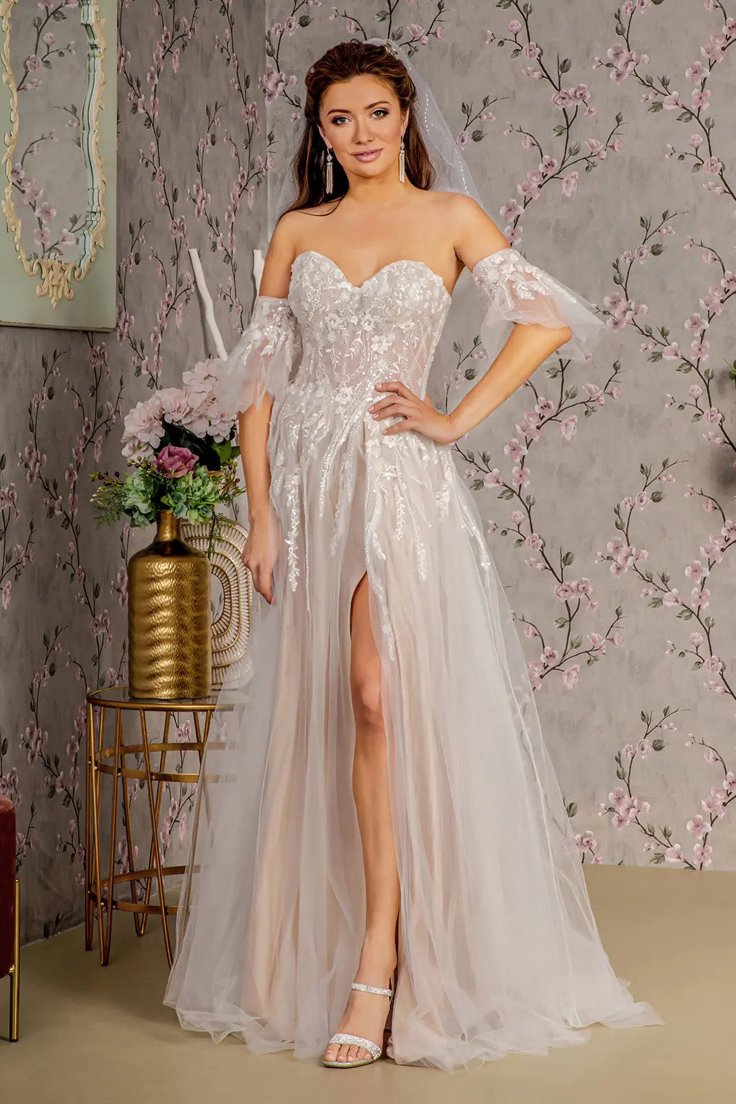 Sheer bodice mesh a line wedding gown w detachable short sleeves GLGL3427