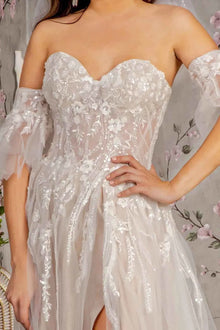Sheer bodice mesh a line wedding gown w detachable short sleeves GLGL3427