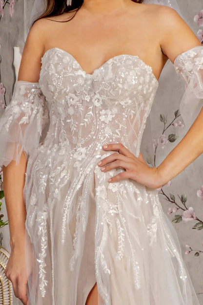 Sheer bodice mesh a line wedding gown w detachable short sleeves GLGL3427
