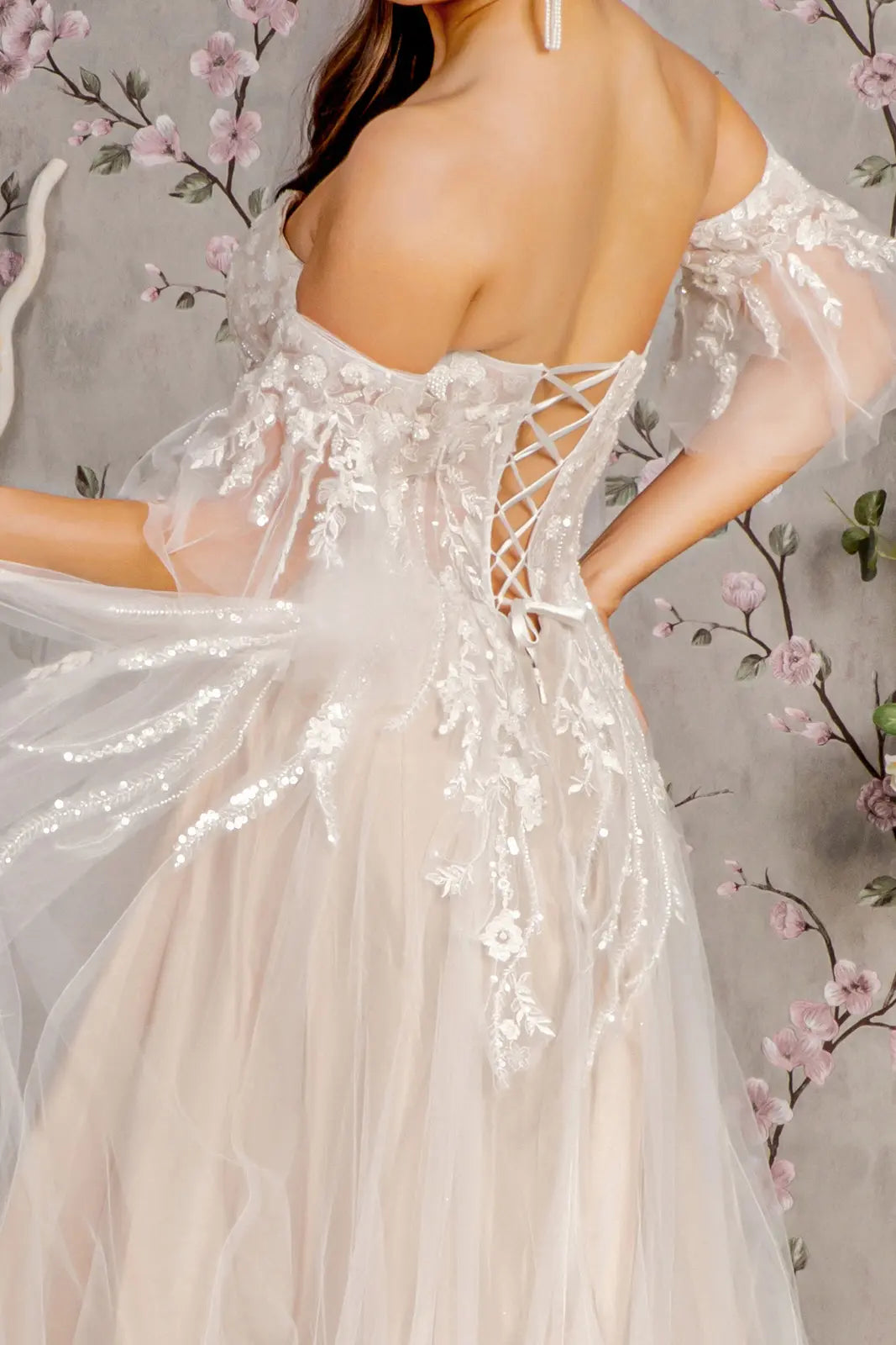 Sheer bodice mesh a line wedding gown w detachable short sleeves GLGL3427